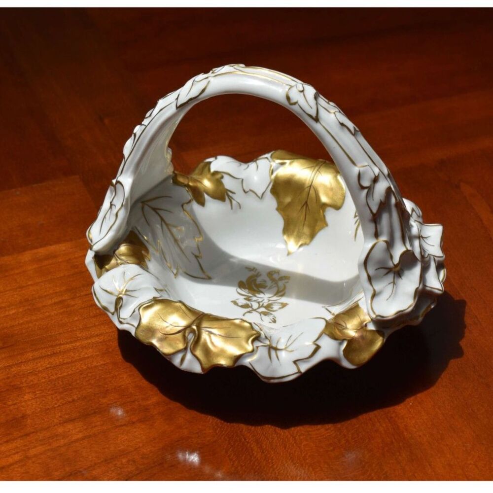 Von Schierholz German Porcelain Basket Gold Gilded Leaves Handmalerei Rose